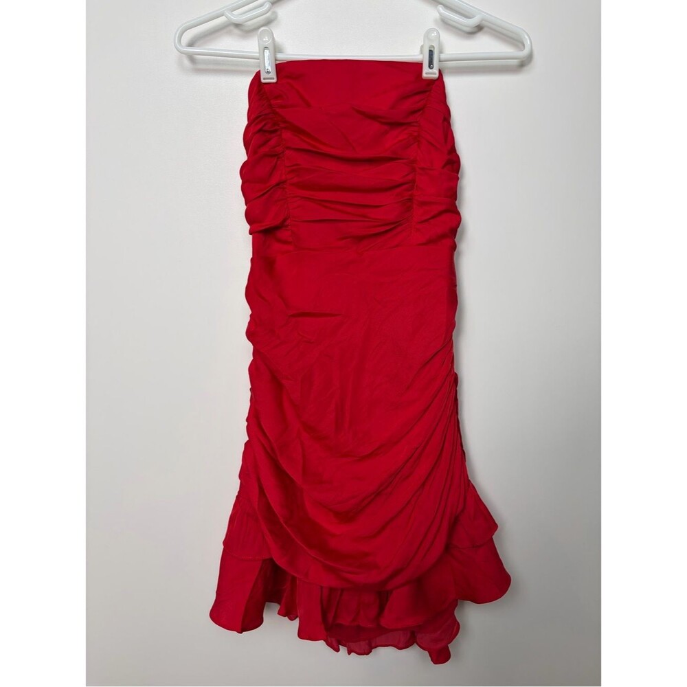 SELFIE LESLIE ANNABELLA STRAPLESS TIED BACK FRILL HEM MINI DRESS RED NWT